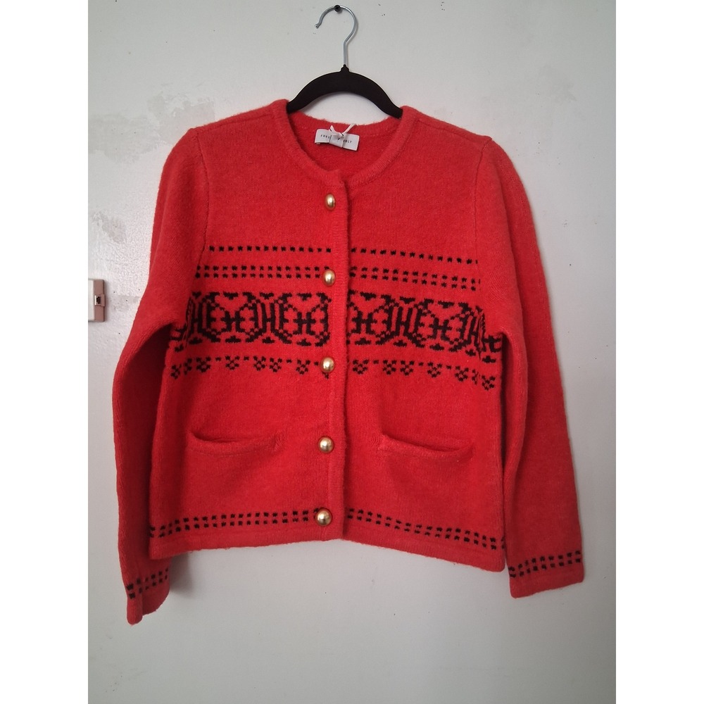 Free Assembly‎ Womens Red Fair Isle Button Front Cardigan Sweater Gold Buttons M